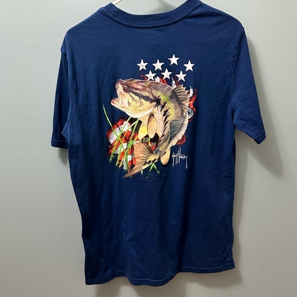 GUY HARVEY shirt sleeve blue medium men’s tshirt bass fishing American flag